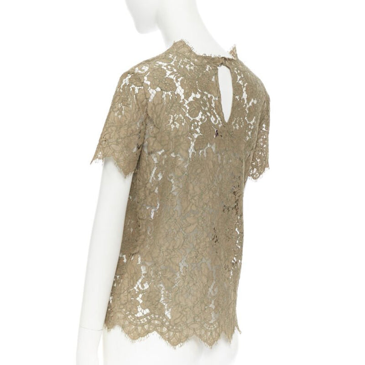 STELLA  MCCARTNEY khaki green floral lace short sleeve t-shirt top XS