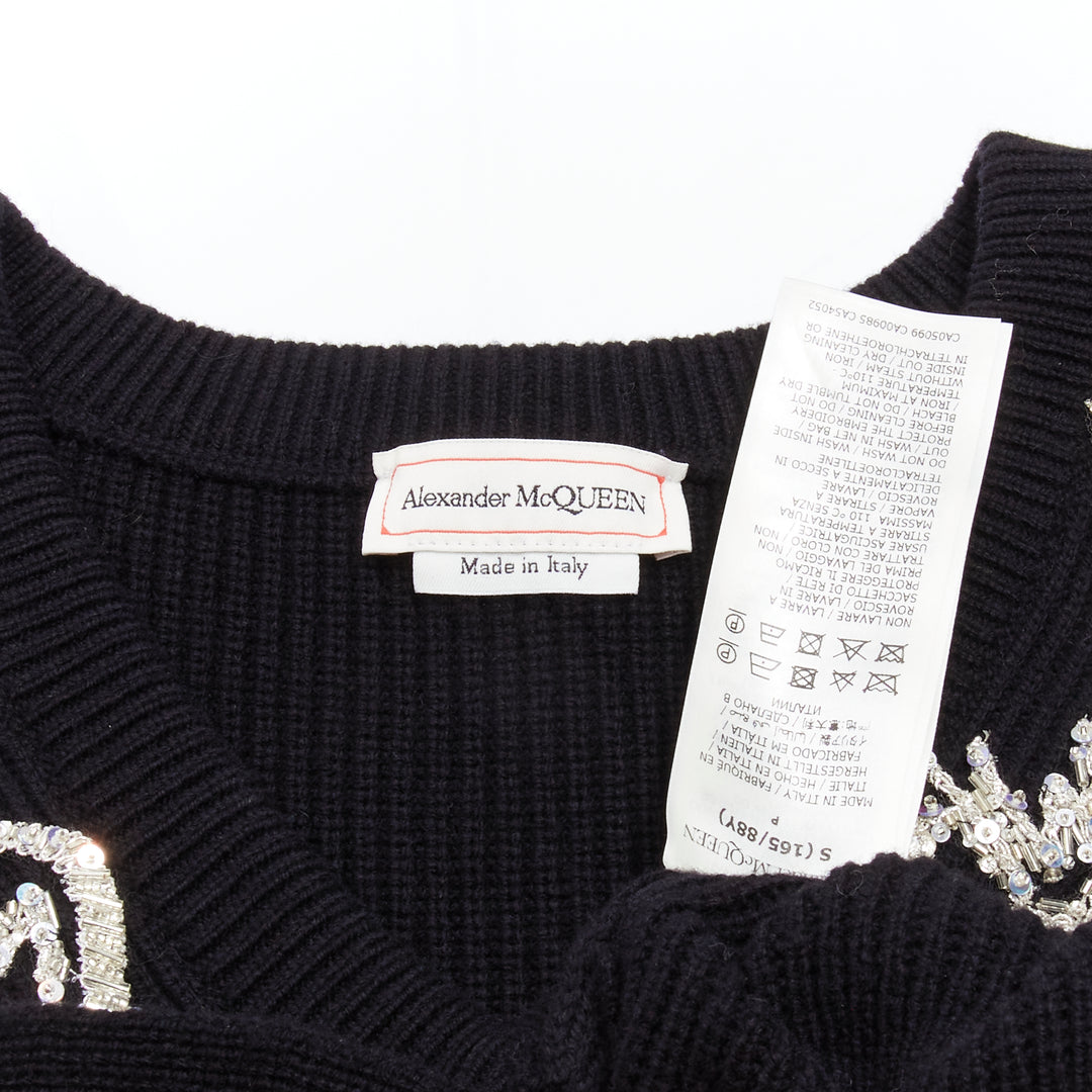 ALEXANDER MCQUEEN 2022 black logo beads embellished peplum ribbed sweater S