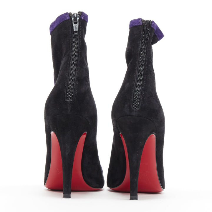 CHRISTIAN LOUBOUTIN black suede purple swirl cut out high heel ankle bootie EU36
