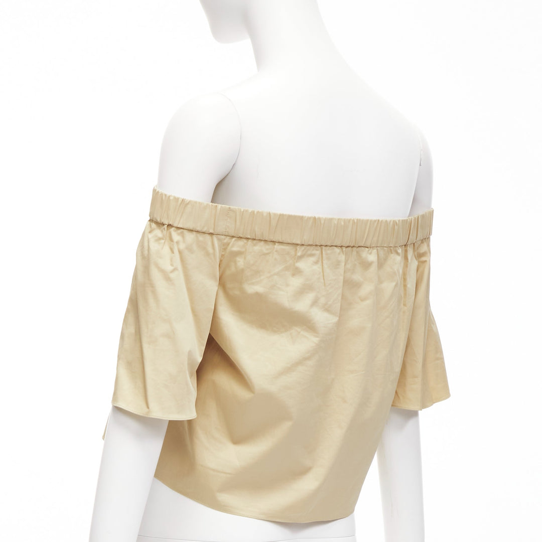 TIBI 100% cotton khaki off shoulder bell sleeves flared cropped top US0 XS