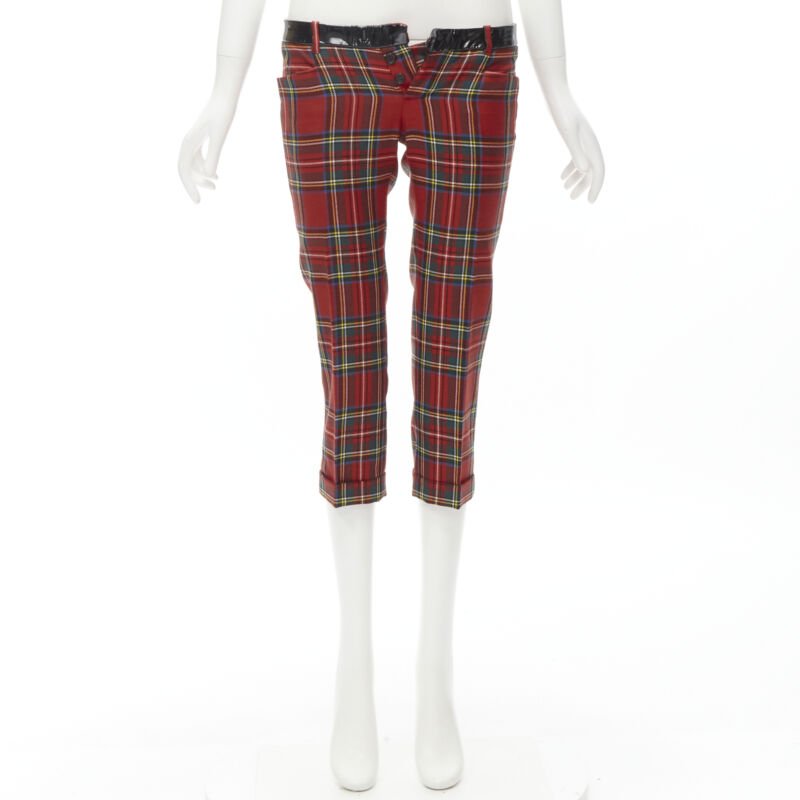 DSQUARED2 red punk plaid patent trim cropped pants IT40 S