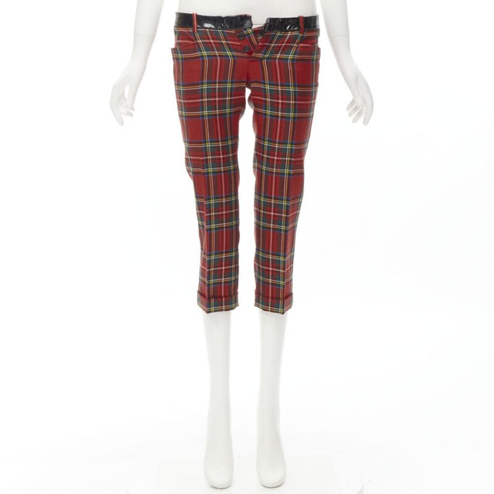 DSQUARED2 red punk plaid patent trim cropped pants IT40 S
