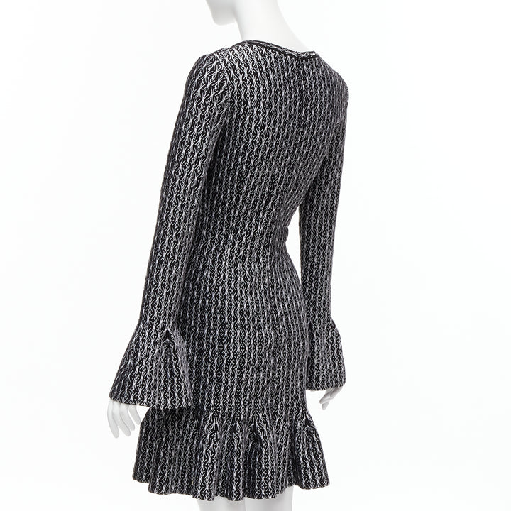 ALAIA black white wool jacquard square neck flared hem cocktail dress FR38 M