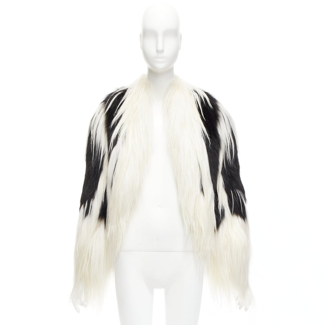 REVILLON black white rare goat rex rabbit fur patchwork long sleeve coat FR36 S