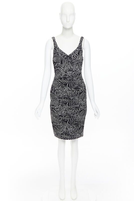 VERSACE 100% silk black white swirl print ruche pleated cocktail dress IT38 S