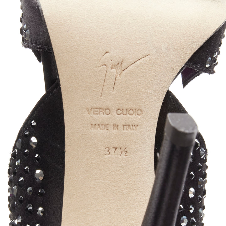 GIUSEPPE ZANOTTI black crystal satin leather lined cutout sandals heels EU37.5