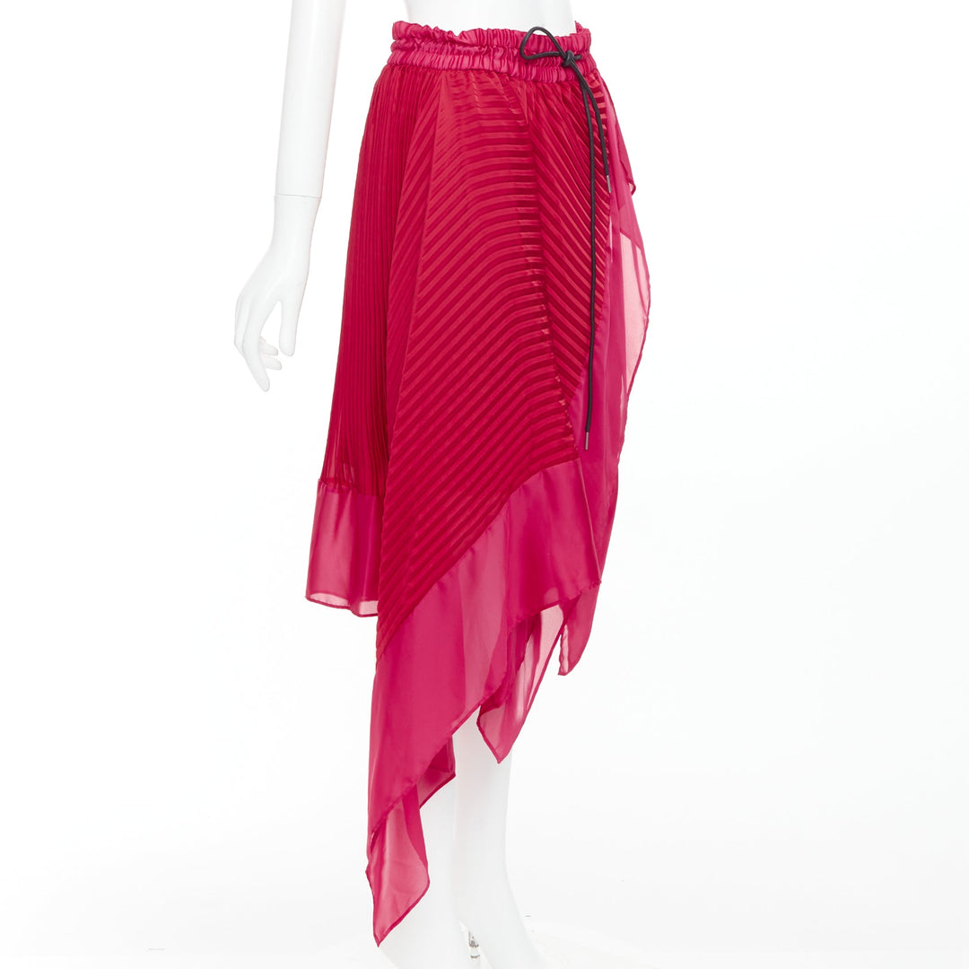 SACAI 2021 pink red satin pleated panels black drawstring skirt JP3 L