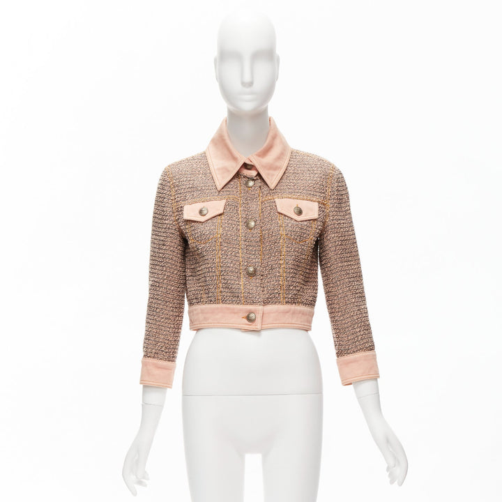 rare CHANEL 2018 Runway pink denim trim tweed CC button cropped jacket FR36 S