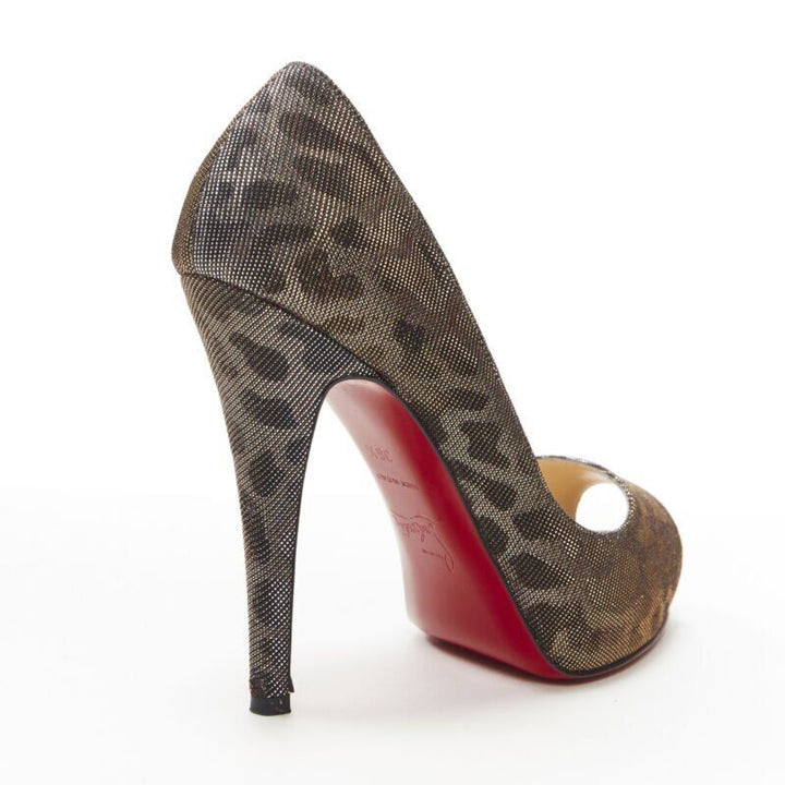 CHRISTIAN LOUBOUTIN gold lurex metallic leopard print peep toe platform EU36.5