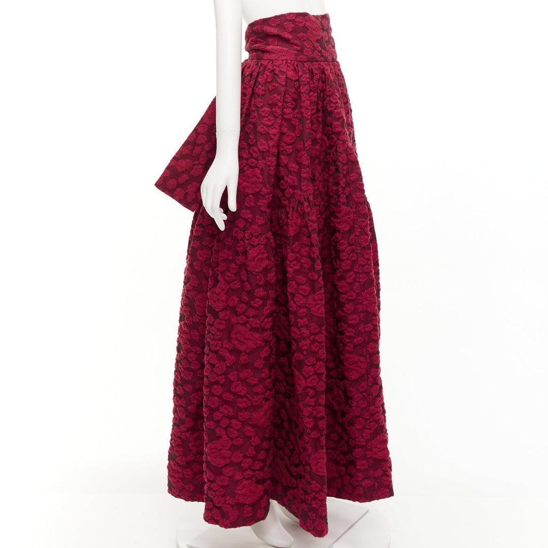 ANAIS JOURDEN red cotton blend floral 3D jacquard tie full gown skirt FR36 S