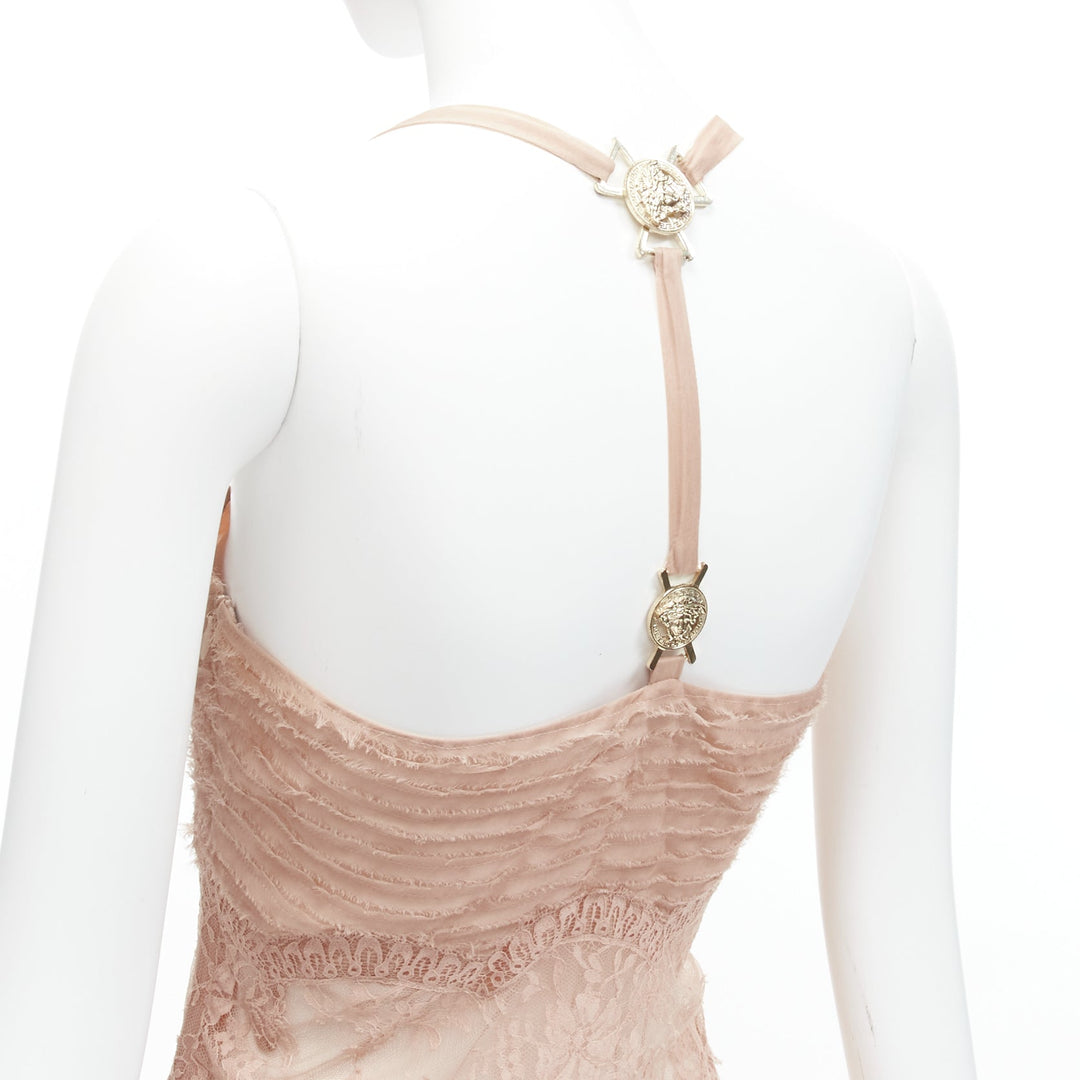 VERSACE 2005 Runway nude gold Medusa buckles sheer lace chiffon dress IT38 XS