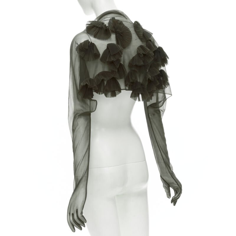 COMME DES GARCONS 1990 Vintage Runway grey sheer pleated ruffle gloves shrug