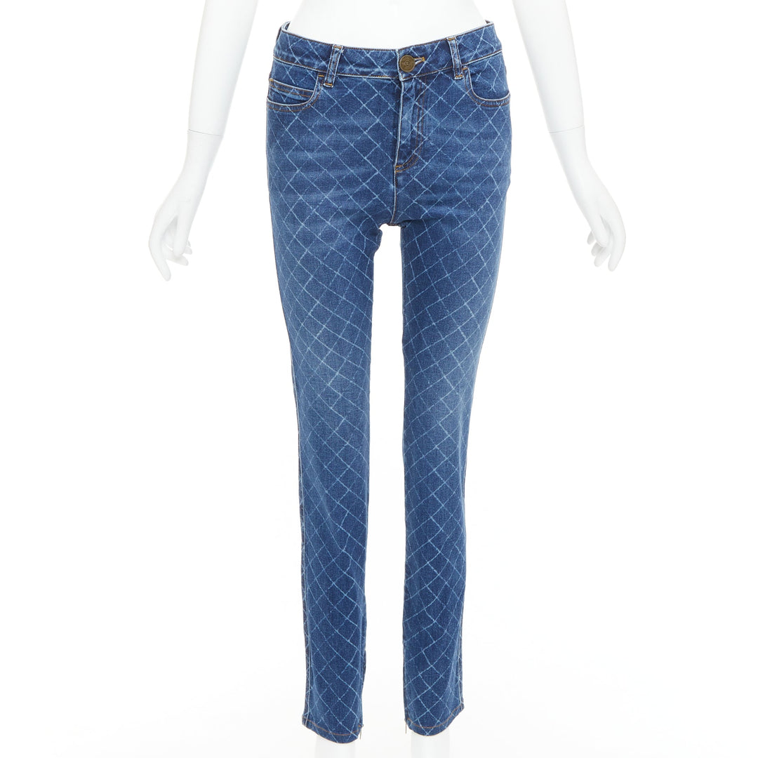 CHANEL blue washed diamond grid quilt mid waist skinny jeans FR38 M