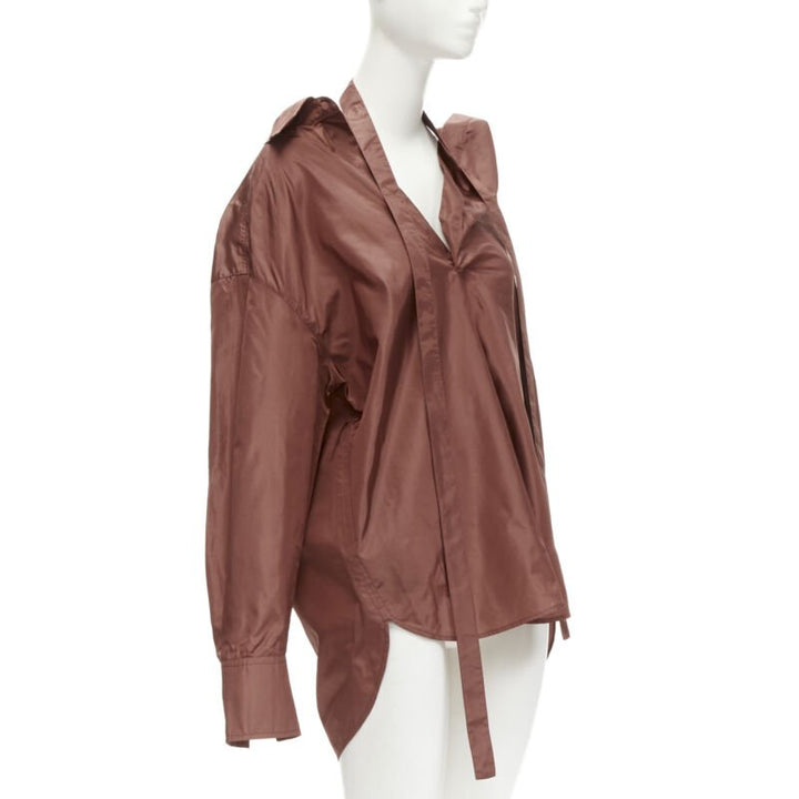 VALENTINO 2022 Runway brown silk taffeta wide collar neck tie shirt IT38 XS