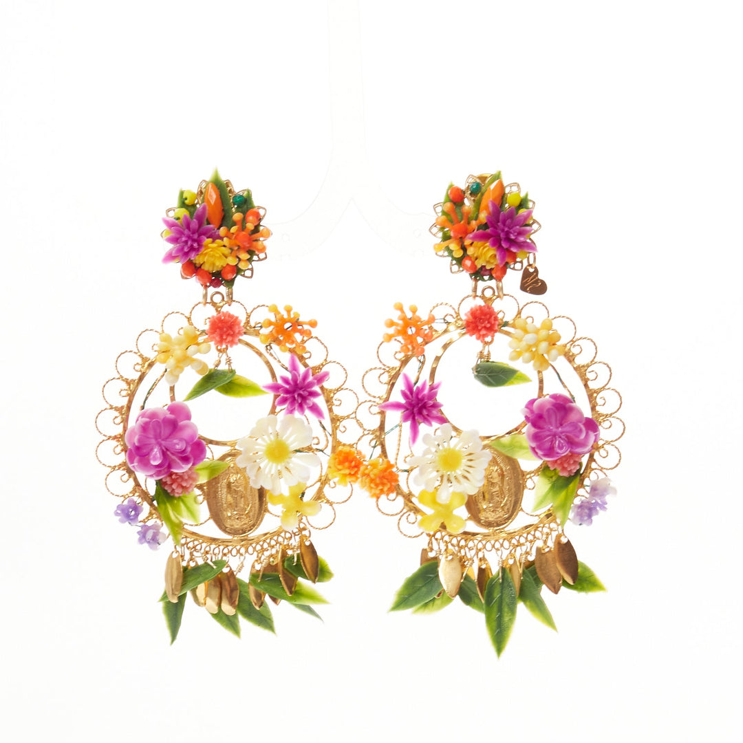 MERCEDES SALAZAR multicolour plastic flower gold rosary clip on earrings