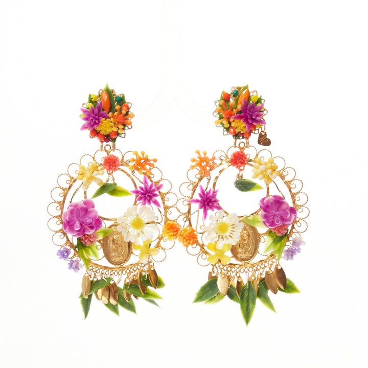 MERCEDES SALAZAR multicolour plastic flower gold rosary clip on earrings