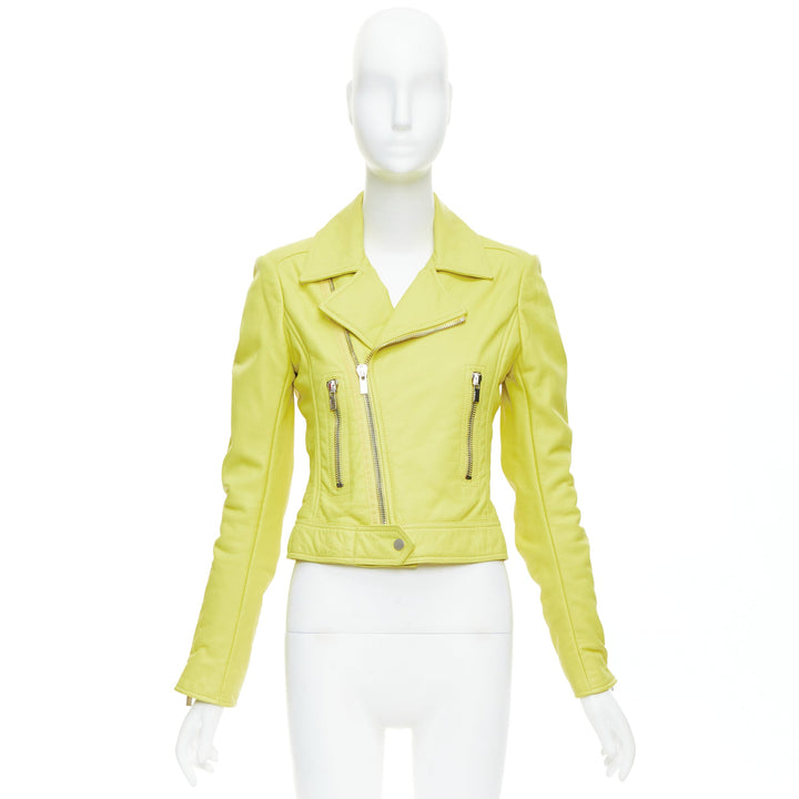 BALENCIAGA 2014 yellow lambskin leather crop biker jacket FR38 M