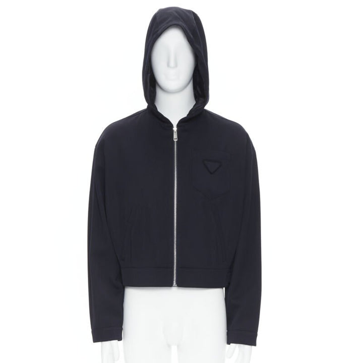 PRADA 2019 navy blue wool triangle pocket cropped zip up hoodie jacket L