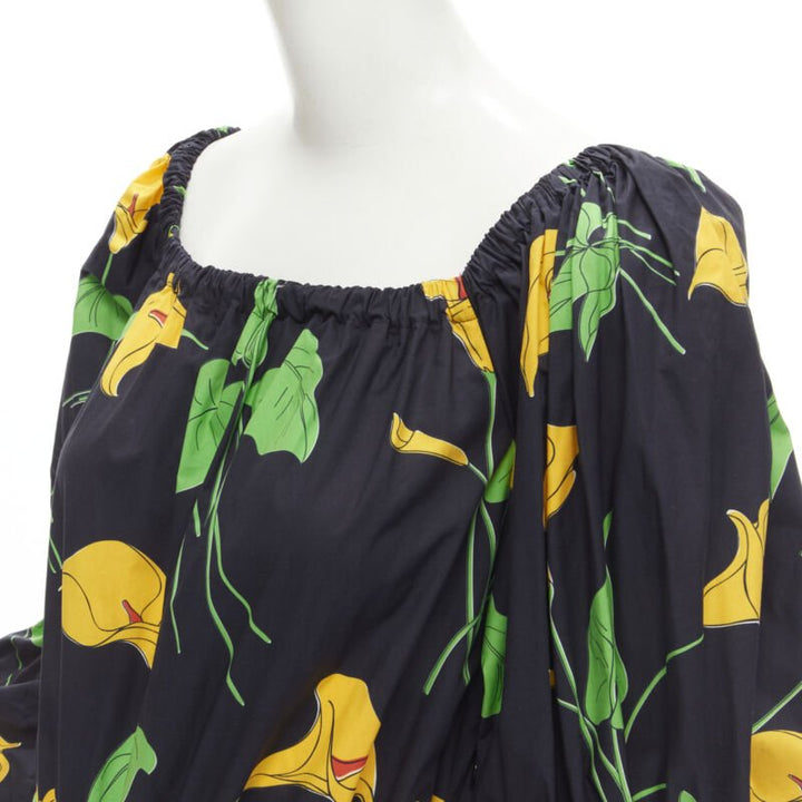 LE DOUBLE J Mantero black green yellow leaf print cotton flared cuff romper XS