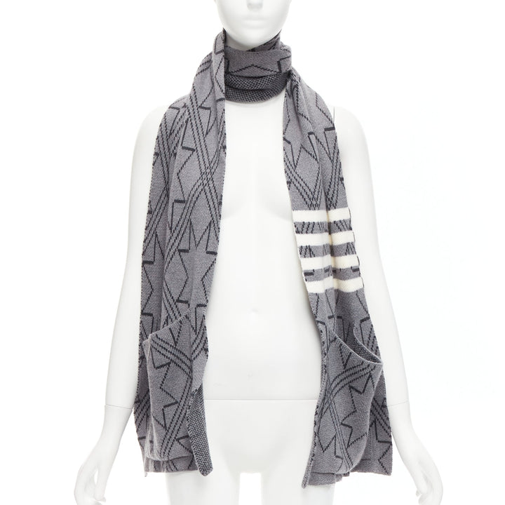 THOM BROWNE grey black graphic star 4 bar stripes pocketed long scarf