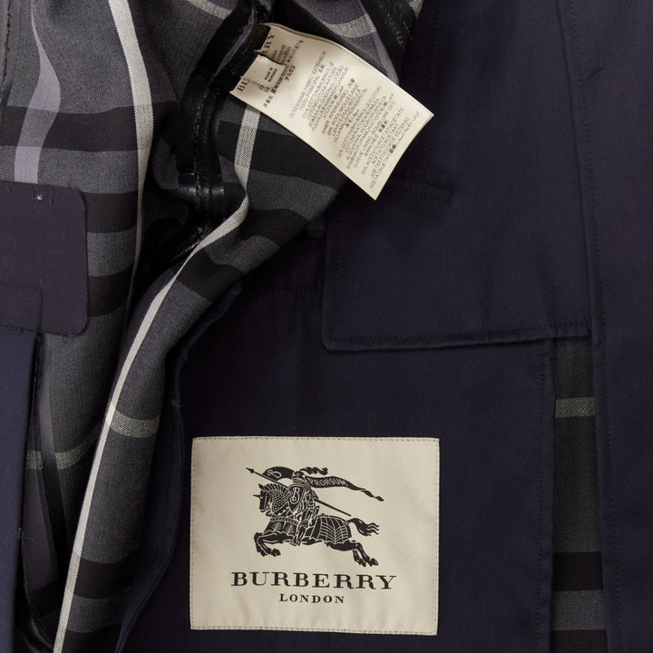 BURBERRY navy cotton wool lined leather epaulet short trench coat IT48 M
