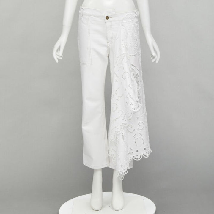 MONSE white denim cotton embroidery anglais draped trim straight leg jeans US2 S