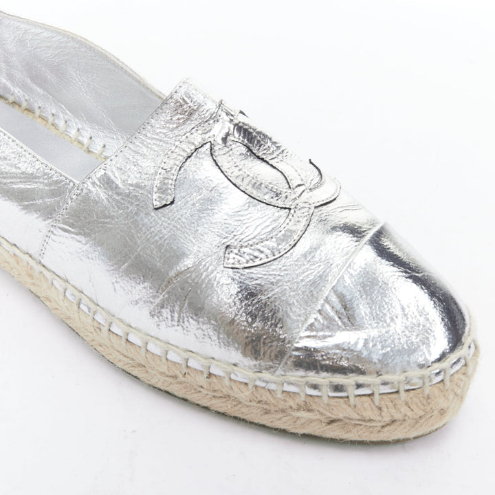 CHANEL metallic silver laminated goatskin CC logo jute espadrilles EU38