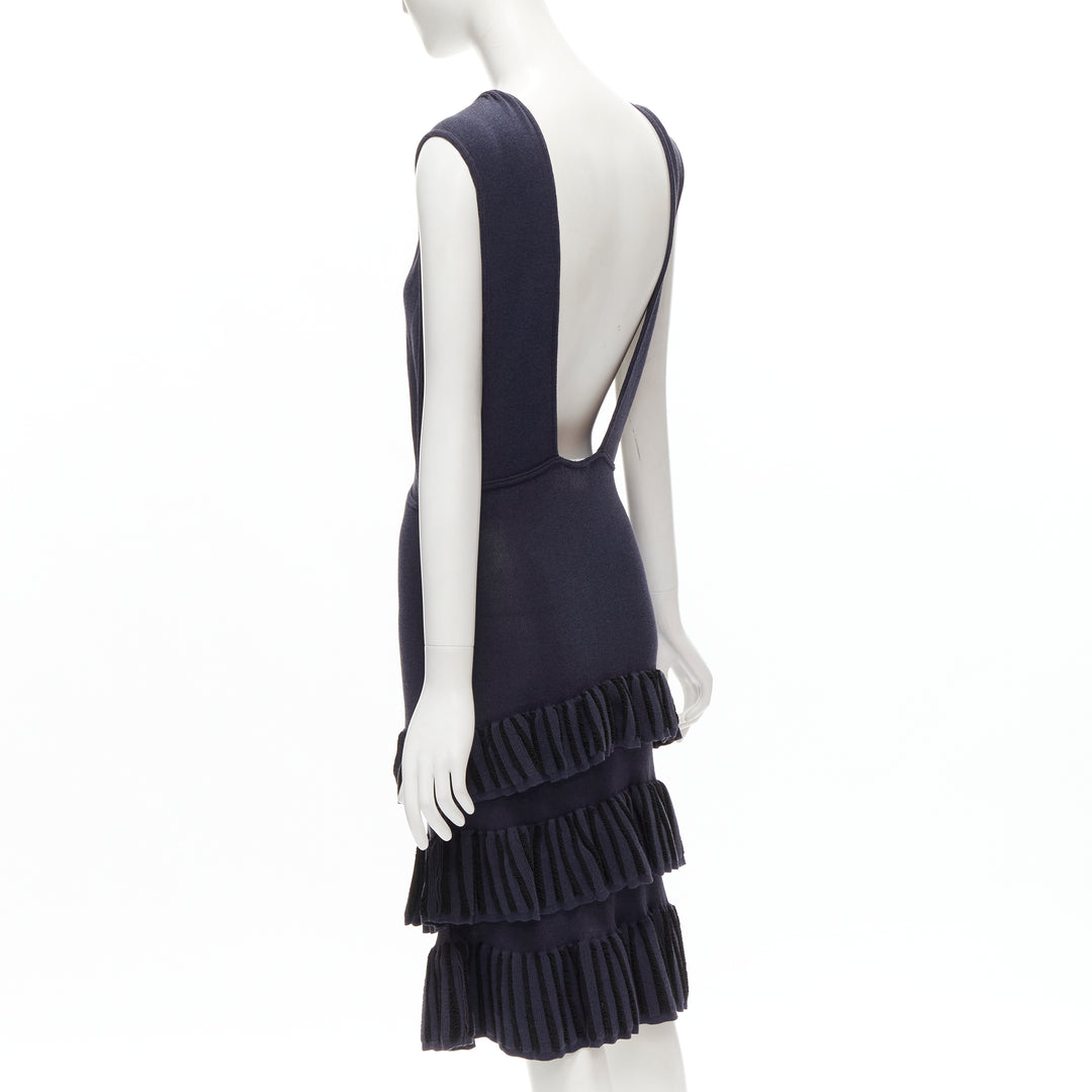 AZZEDINE ALAIA Vintage 1980's navy knitted tiered ruffles plunge neck dress