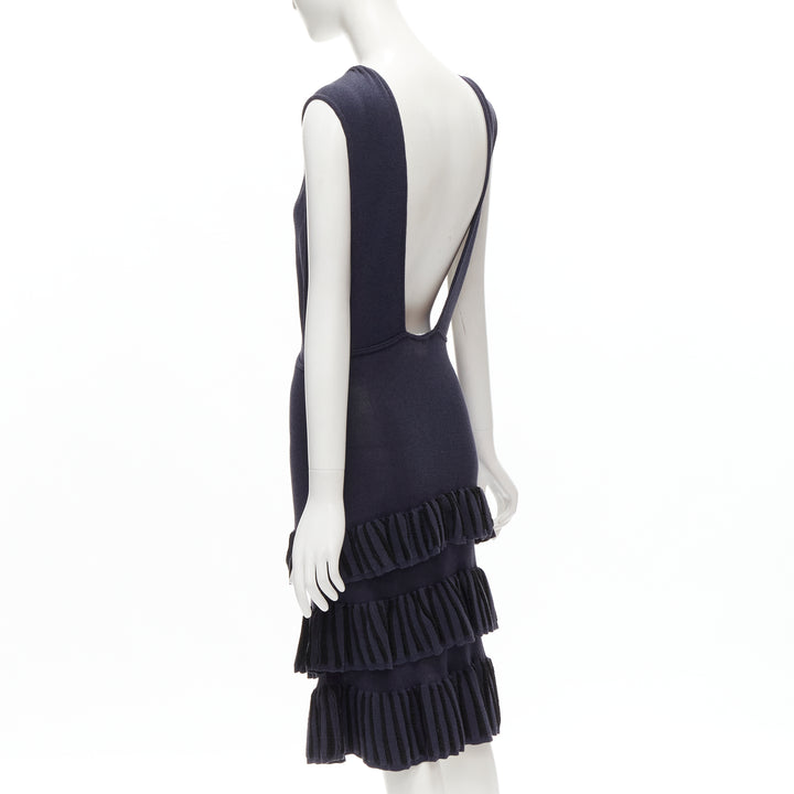 AZZEDINE ALAIA Vintage 1980's navy knitted tiered ruffles plunge neck dress