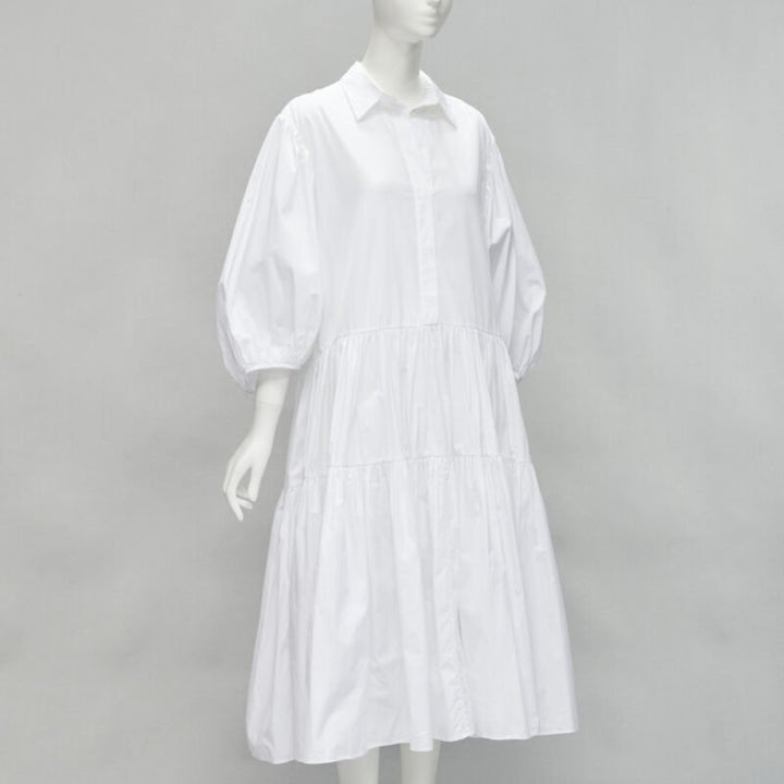 CECILIE BAHNSEN Amy white cotton poplin tiered shirred flared moumou dress UK6 S
