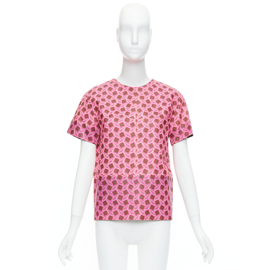 rare LOUIS VUITTON leather pink enlarged lattice lace print boxy top FR36 S