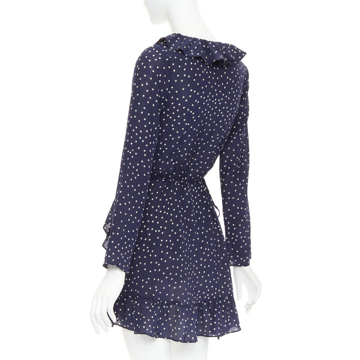 REALISATION Alexandra 100% silk navy white star print wrap tie mini dress S
