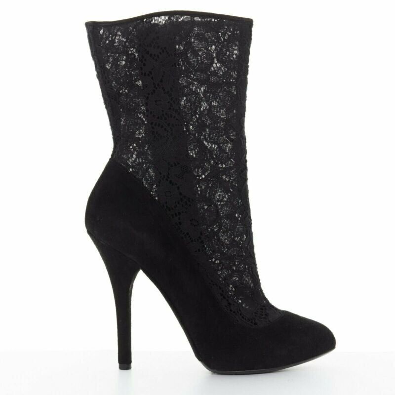 DOLCE GABBANA black floral lace mesh sock suede pump design short bootie EU39