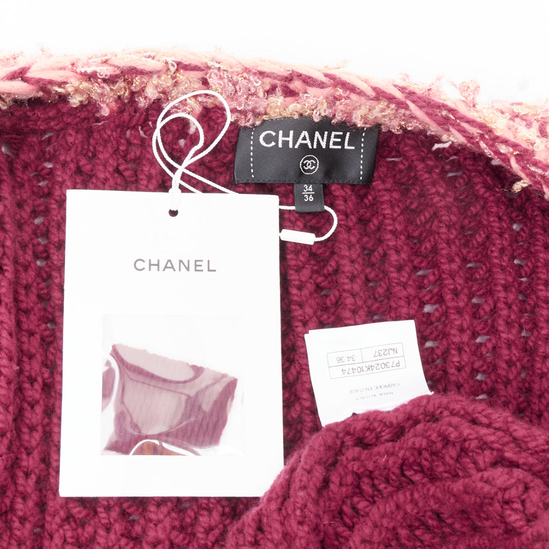 CHANEL 2022 Runway 100% cashmere burgundy pink tweed 4 pockets cardigan FR34 XS