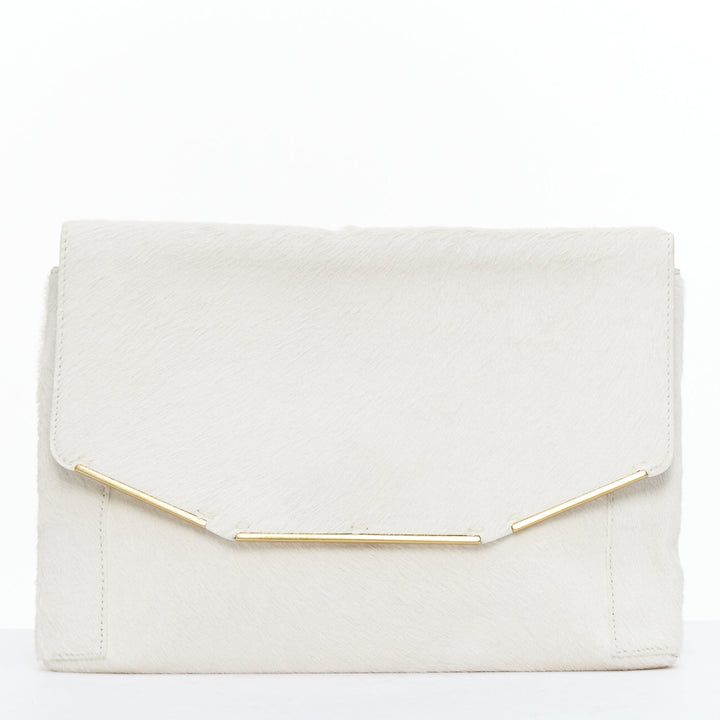 LANVIN Miss Sartorial off white calf hair gold bar flap envelope clutch bag
