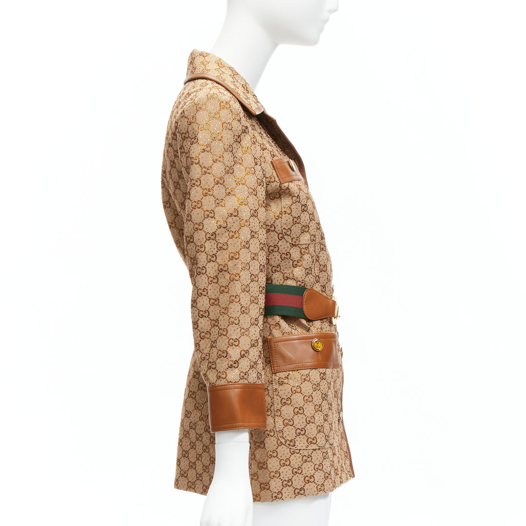 GUCCI 2022 Aria crystal embellished Horsebit web belt GG canvas jacket IT38 XS