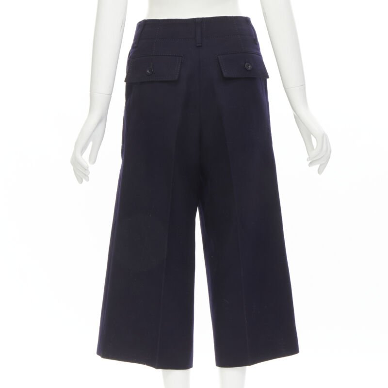 SACAI 2016 navy wool gold grommet stud trim wide leg culotte pants JP2 M