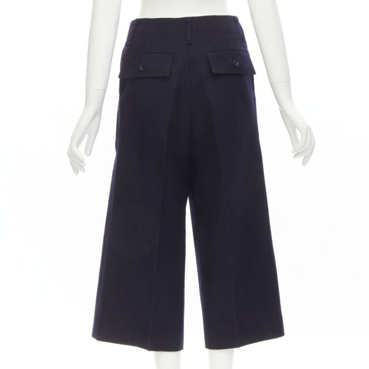 SACAI 2016 navy wool gold grommet stud trim wide leg culotte pants JP2 M