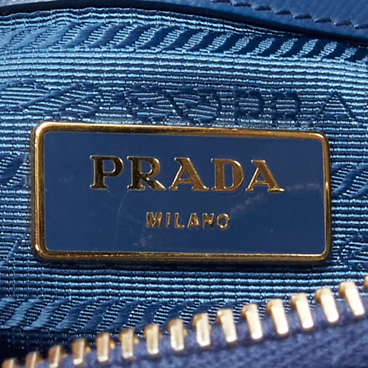 PRADA Promenade Vernice Saffiano blue leather triangle logo top handle tote bag