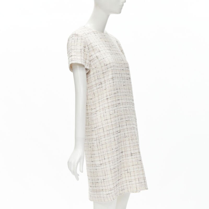 CHANEL light pink beige black check tweed short sleeve sheath dress FR38 M