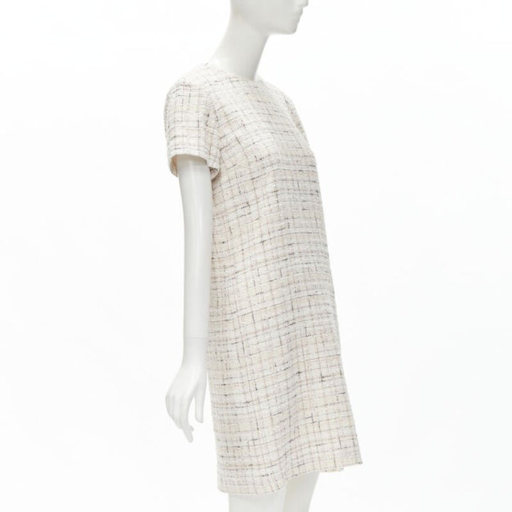 CHANEL light pink beige black check tweed short sleeve sheath dress FR38 M