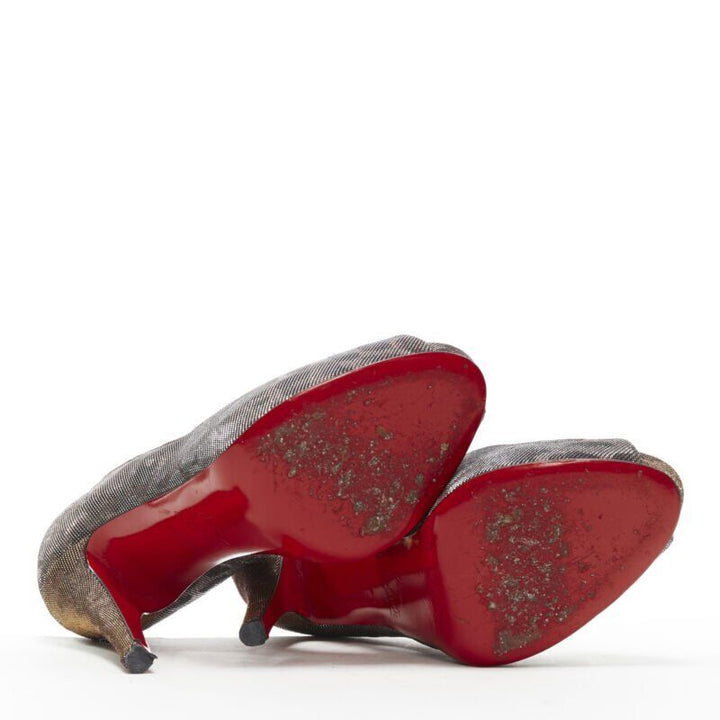 CHRISTIAN LOUBOUTIN gold lurex metallic leopard print peep toe platform EU36.5