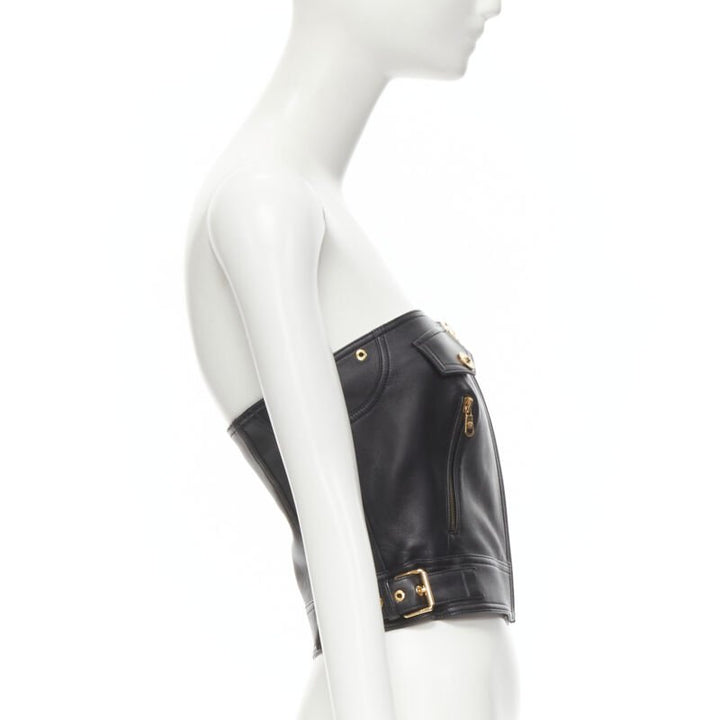 VERSACE Runway black leather gold-tone Medusa biker bustier top IT38 XS