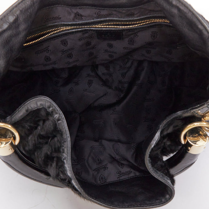 GUCCI Indy black chevron cut fur gold saddle metal handle hobo bag