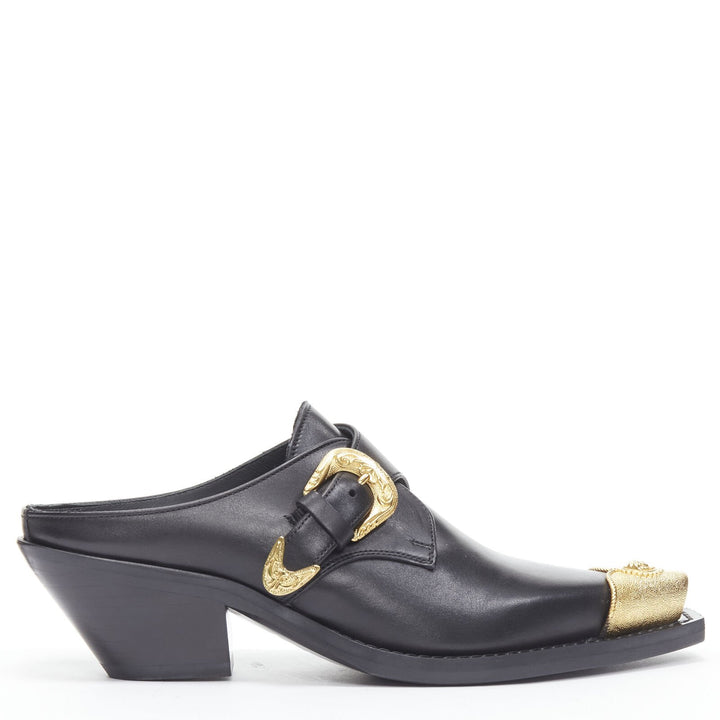 VERSACE 2019 black leather gold Medusa toe western buckle cuban mule EU37