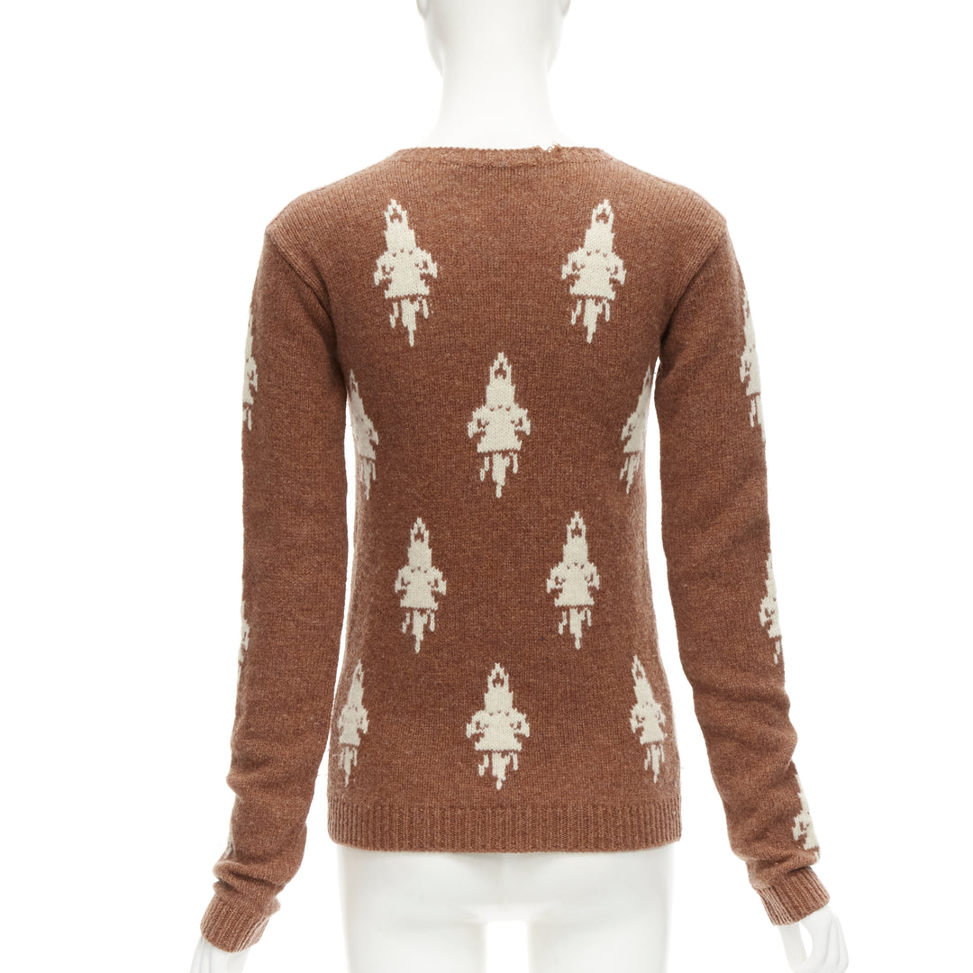 PRADA 2015 100% shetland wool brown rocket intarsia sweater IT36 XXS