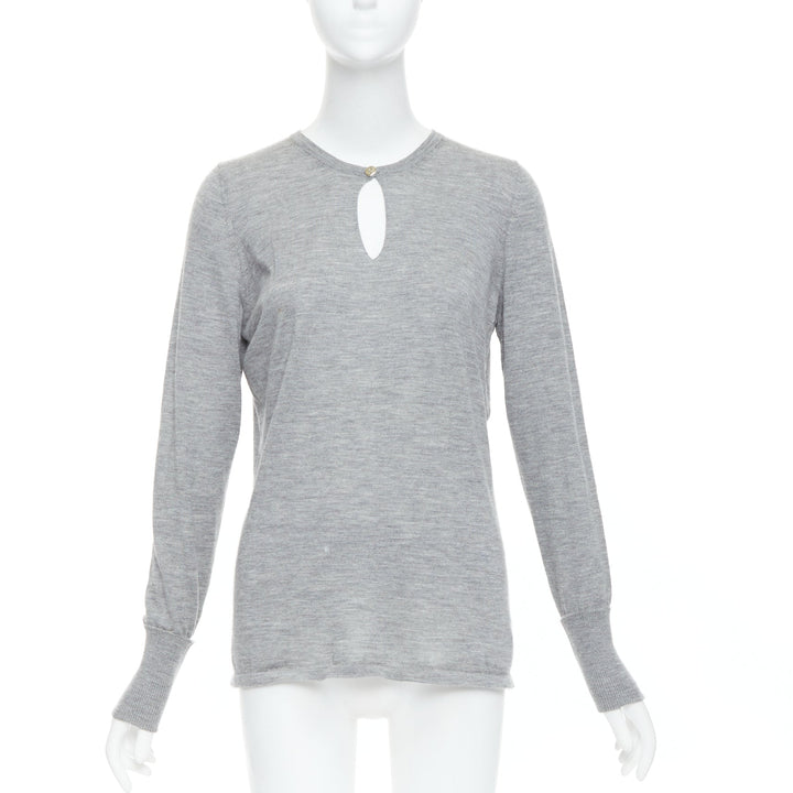CHANEL 100% cashmere grey Camellia CC button keyhole sweater FR44 XXL