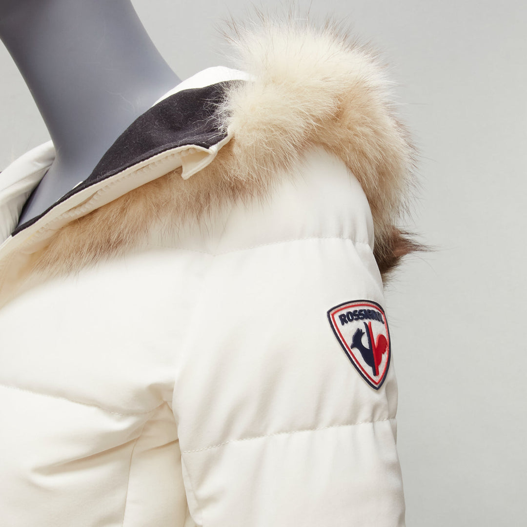 ROSSIGNOL ivory fur trim hood logo hooded down puffer jacket IT38 XS