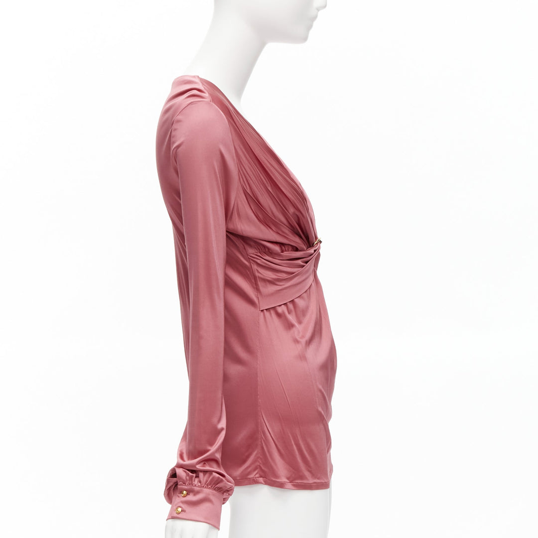 GUCCI pink bamboo buckle silky deep V billow sleeve blouse IT44 L