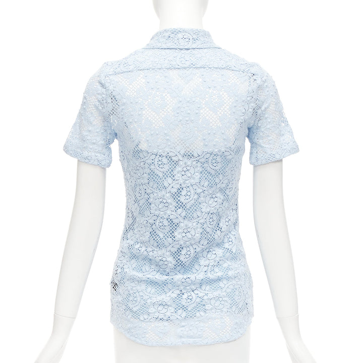 BURBERRY 2014 Runway baby blue floral lace short sleeve dress shirt IT36 XXS